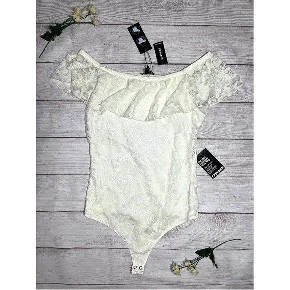 EXPRESS Off The Shoulder Ruffle Lace Thong Bodysuit - Picture 2 of 16